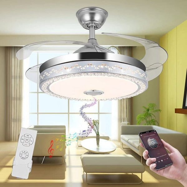 42"invisible Chandelier Ceiling Fan with Light and Bluetooth Speaker, Modern 3 Color Change Crystal Ceiling Fan Light with Remote Control 4