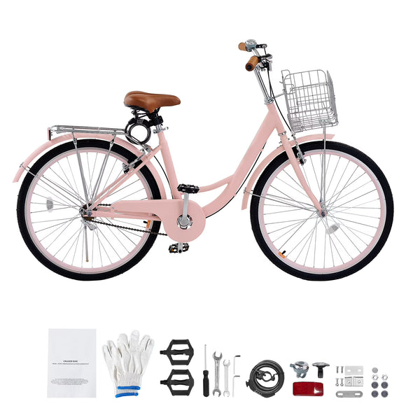 KFFKFF 26" Cruiser Bike, Single Speed, Rosé - Colored Seaside Cycling Bike with Spacious Basket and Back Stand, Reliable & Robust Leisure Bicycle