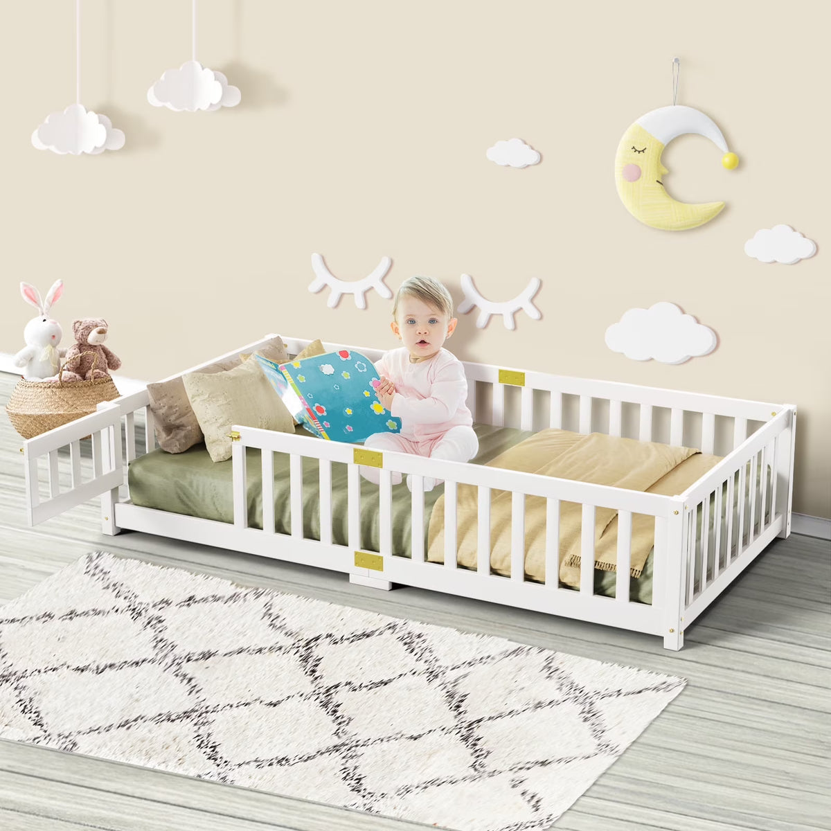 Slsy Twin Size Toddler Floor Bed, Solid Wood Montessori Bed Frame with Fence & Door Montessori Floor Bed Crib with Safety Guardrails for Girls and